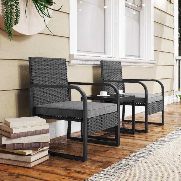 VivaGarden Salotto da Giardino con 2 Poltrone e Tavolino con Piano in Vetro in Rattan colore Nero