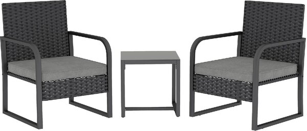 VivaGarden Salotto da Giardino con 2 Poltrone e Tavolino con Piano in Vetro in Rattan colore Nero