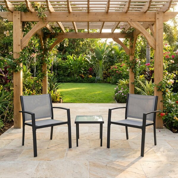 VivaGarden Salotto da Giardino con 2 Poltrone e Tavolino in Acciao/Textilene/Vetro colore Tortora Havana