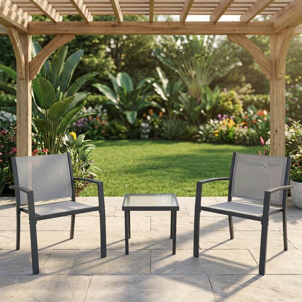 VivaGarden Salotto da Giardino con 2 Poltrone e Tavolino in Acciao/Textilene/Vetro colore Grigio Havana