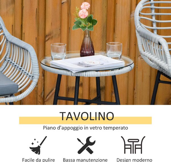 VivaGarden Salotto da Giardino con 2 Sedie e Tavolino con Cuscini in Rattan PE colore Grigio