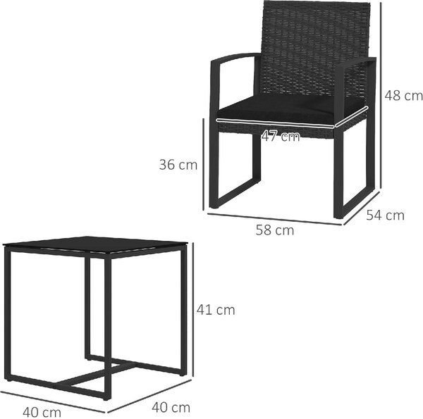 VivaGarden Salotto da Giardino con 2 Sedie e Tavolino con Cuscini in Rattan PE colore Nero