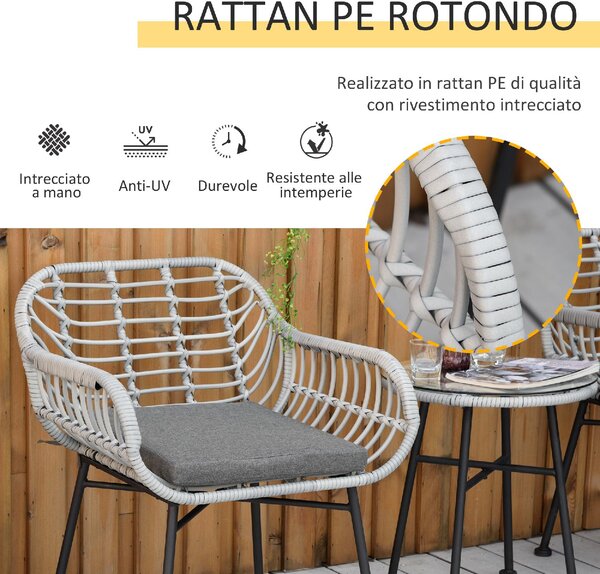 VivaGarden Salotto da Giardino con 2 Sedie e Tavolino con Cuscini in Rattan PE colore Grigio
