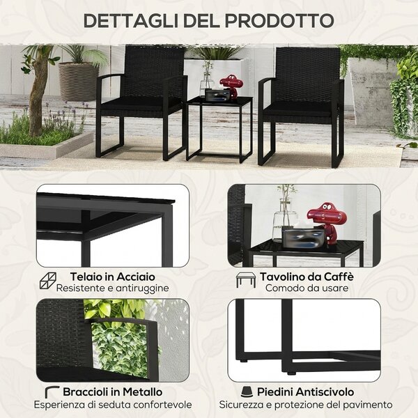 VivaGarden Salotto da Giardino con 2 Sedie e Tavolino con Cuscini in Rattan PE colore Nero