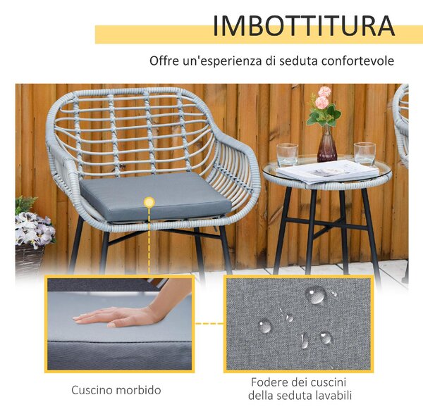 VivaGarden Salotto da Giardino con 2 Sedie e Tavolino con Cuscini in Rattan PE colore Grigio