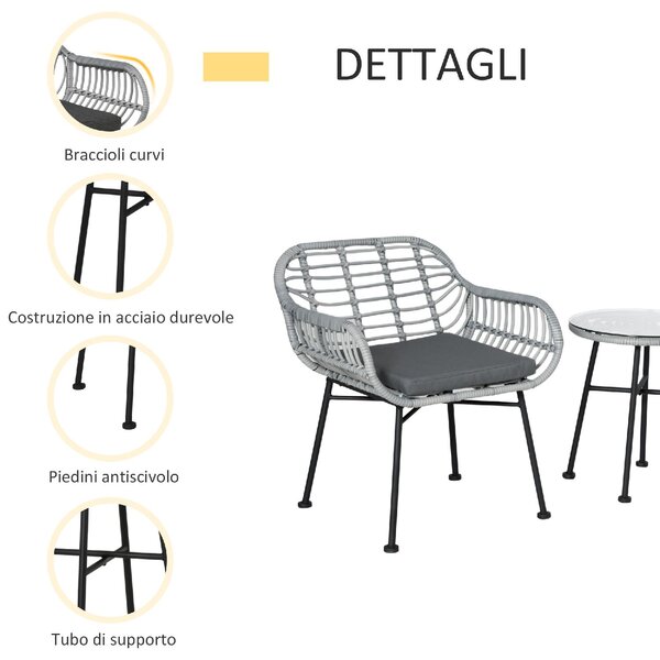 VivaGarden Salotto da Giardino con 2 Sedie e Tavolino con Cuscini in Rattan PE colore Grigio
