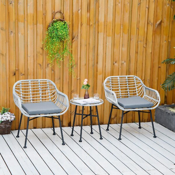 VivaGarden Salotto da Giardino con 2 Sedie e Tavolino con Cuscini in Rattan PE colore Grigio