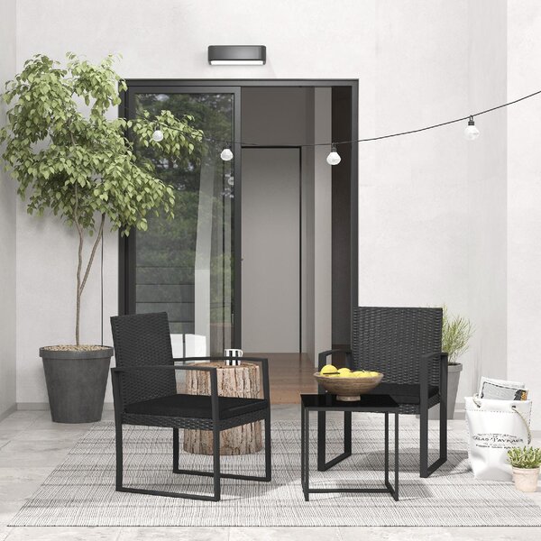 VivaGarden Salotto da Giardino con 2 Sedie e Tavolino con Cuscini in Rattan PE colore Nero