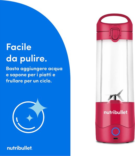 NutriBullet Frullatore con Bicchiere Portatile per Sportivi Capacit Ciotola 0,5 Litri 2000 mAh con Tritaghiaccio colore Rosso - NBP003MA 0C22300095