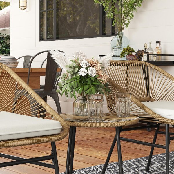 VivaGarden Salotto da Giardino con 2 Sedie e Tavolino con Cuscini in Rattan PE e Acciaio colore Beige