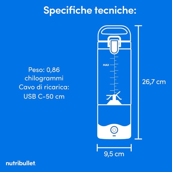 NutriBullet Frullatore con Bicchiere Portatile per Sportivi Capacit Ciotola 0,5 Litri 2000 mAh con Tritaghiaccio colore Rosso - NBP003MA 0C22300095
