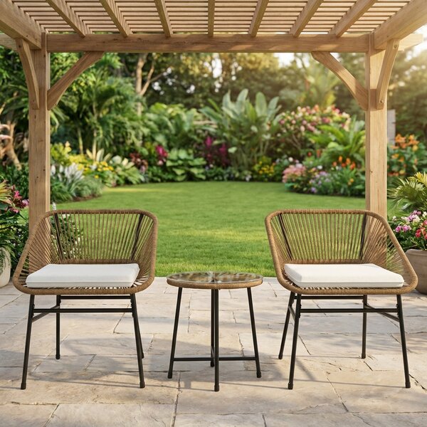 VivaGarden Salotto da Giardino con 2 Sedie e Tavolino con Cuscini in Rattan PE e Acciaio colore Beige