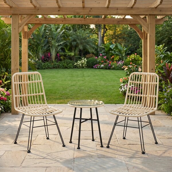 VivaGarden Salotto da Giardino con 2 Sedie e Tavolino con Cuscini in Rattan PE/Vetro colore Beige