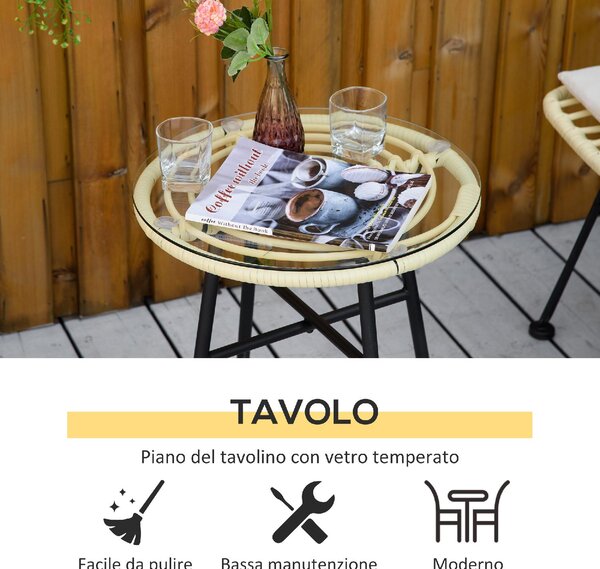 VivaGarden Salotto da Giardino con 2 Sedie e Tavolino con Cuscini in Rattan PE/Vetro colore Beige