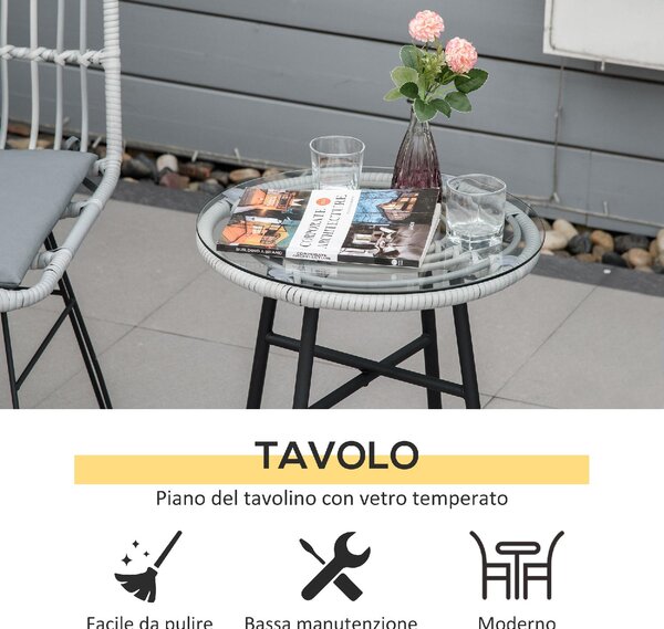 VivaGarden Salotto da Giardino con 2 Sedie e Tavolino con Cuscini in Rattan PE/Vetro colore Grigio
