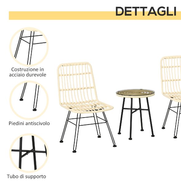VivaGarden Salotto da Giardino con 2 Sedie e Tavolino con Cuscini in Rattan PE/Vetro colore Beige
