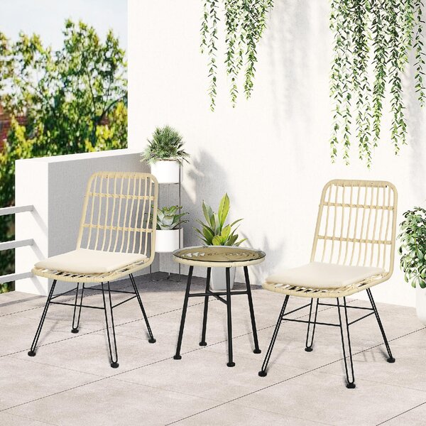 VivaGarden Salotto da Giardino con 2 Sedie e Tavolino con Cuscini in Rattan PE/Vetro colore Beige