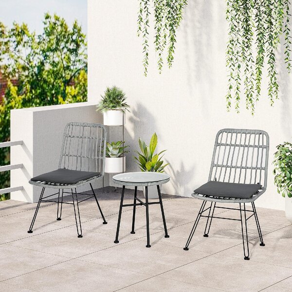 VivaGarden Salotto da Giardino con 2 Sedie e Tavolino con Cuscini in Rattan PE/Vetro colore Grigio
