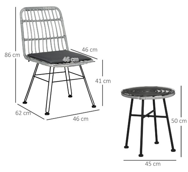 VivaGarden Salotto da Giardino con 2 Sedie e Tavolino con Cuscini in Rattan PE/Vetro colore Grigio