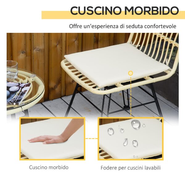VivaGarden Salotto da Giardino con 2 Sedie e Tavolino con Cuscini in Rattan PE/Vetro colore Beige