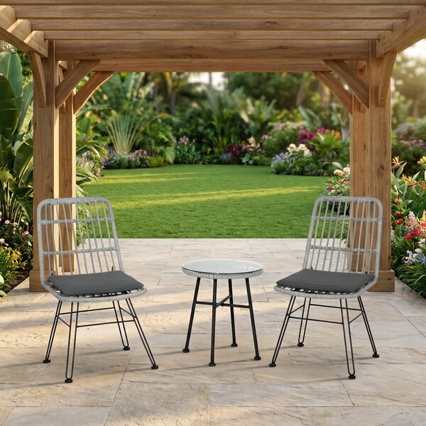 VivaGarden Salotto da Giardino con 2 Sedie e Tavolino con Cuscini in Rattan PE/Vetro colore Grigio