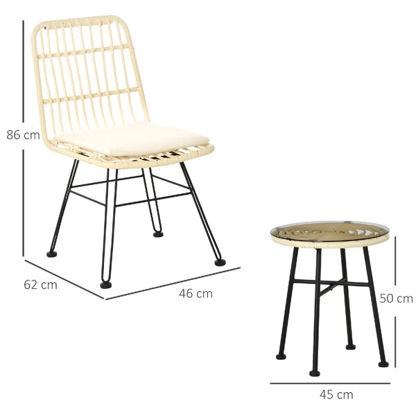 VivaGarden Salotto da Giardino con 2 Sedie e Tavolino con Cuscini in Rattan PE/Vetro colore Beige