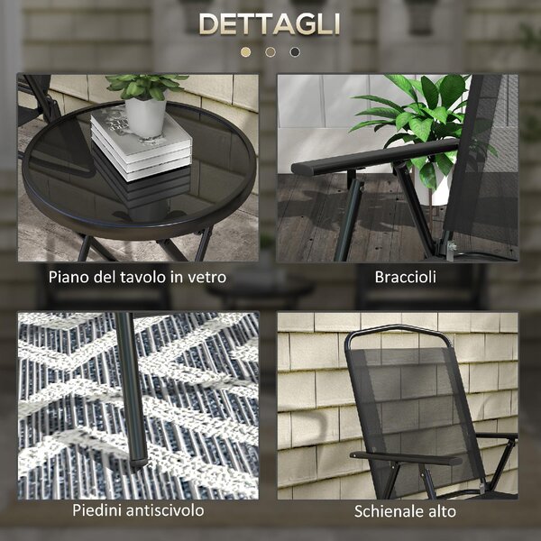 VivaGarden Salotto da Giardino con 2 Sedie e Tavolino da Caff in Metallo colore Nero