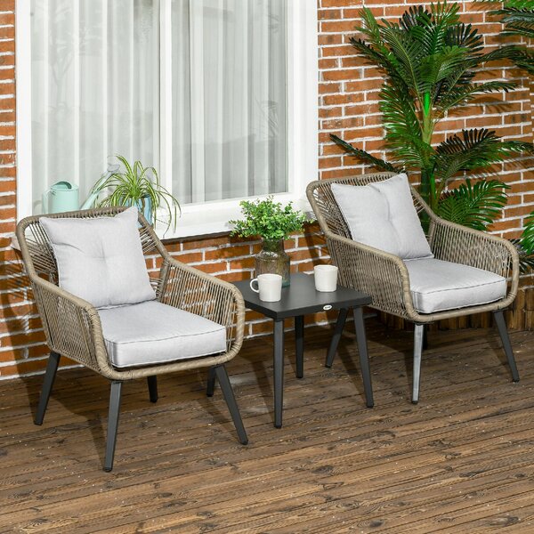 VivaGarden Salotto da Giardino con 2 Sedie e Tavolino in Acciaio e Rattan PE colore Grigio