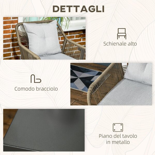 VivaGarden Salotto da Giardino con 2 Sedie e Tavolino in Acciaio e Rattan PE colore Grigio