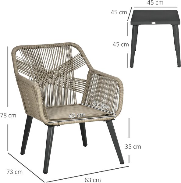 VivaGarden Salotto da Giardino con 2 Sedie e Tavolino in Acciaio e Rattan PE colore Grigio