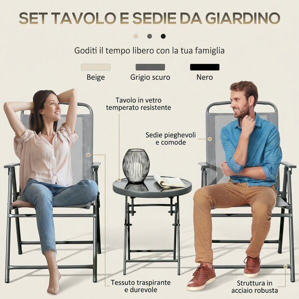 VivaGarden Salotto da Giardino con 2 Sedie e Tavolino in Metallo colore Grigio Chiaro