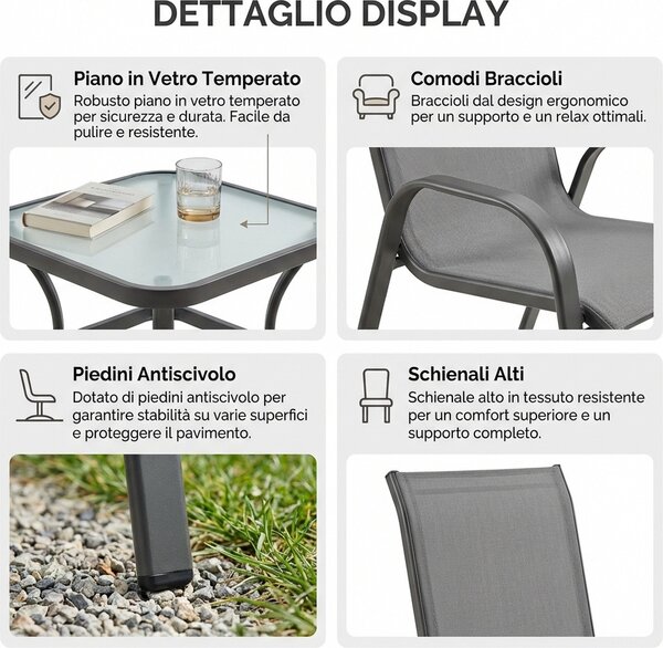 VivaGarden Salotto da Giardino con 2 Sedie e Tavolino in Metallo colore Grigio Chiaro