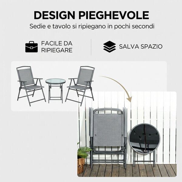 VivaGarden Salotto da Giardino con 2 Sedie e Tavolino in Metallo colore Grigio Chiaro