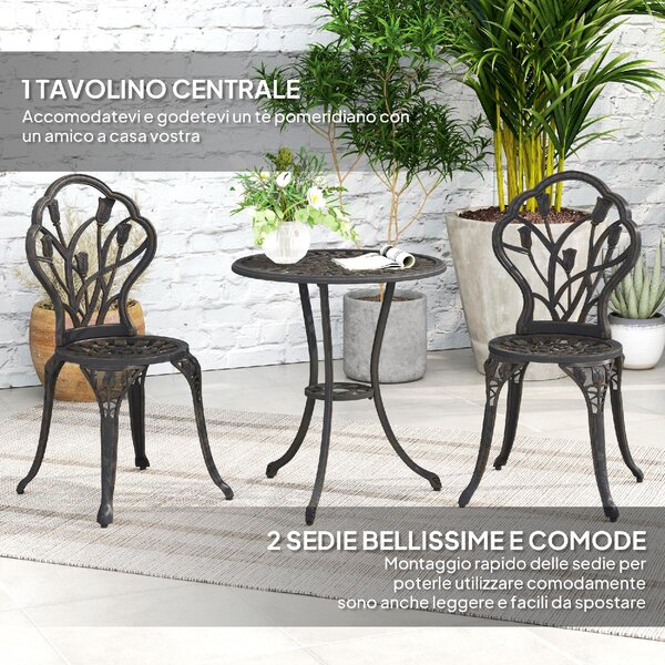 VivaGarden Salotto da Giardino con 2 Sedie e Tavolino Rotondo in Alluminio colore Bronzo