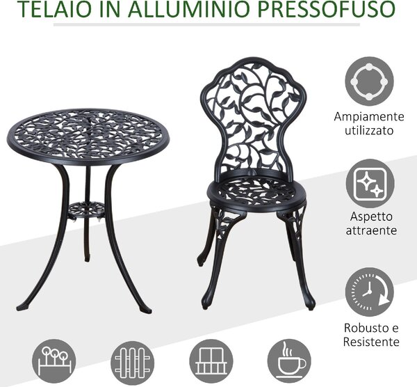 VivaGarden Salotto da Giardino con 2 Sedie e Tavolino Rotondo in Alluminio colore Nero