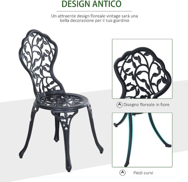 VivaGarden Salotto da Giardino con 2 Sedie e Tavolino Rotondo in Alluminio colore Nero