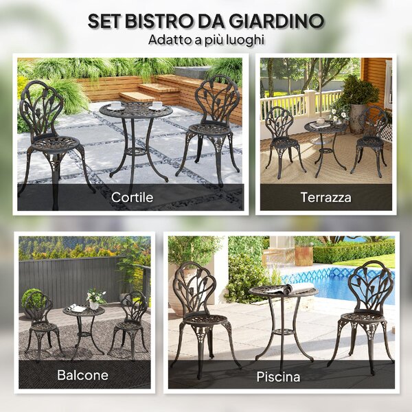VivaGarden Salotto da Giardino con 2 Sedie e Tavolino Rotondo in Alluminio colore Bronzo