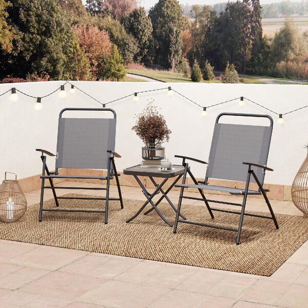 VivaGarden Salotto da Giardino con 2 Sedie Pieghevoli con Schienale Regolabile e Tavolino in Acciaio/Vetro/Rete traspirante colore Grigio