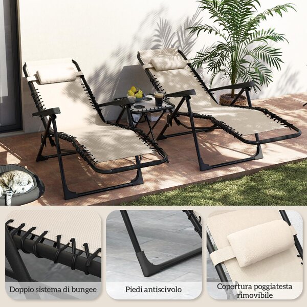 VivaGarden Salotto da Giardino con 2 Sedie Sdraio Pieghevoli con Schienale Regolabile e Tavolino colore Beige