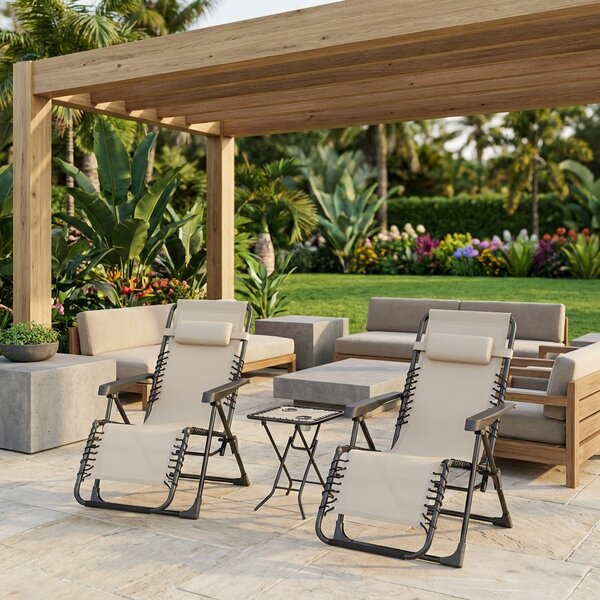 VivaGarden Salotto da Giardino con 2 Sedie Sdraio Pieghevoli con Schienale Regolabile e Tavolino colore Beige