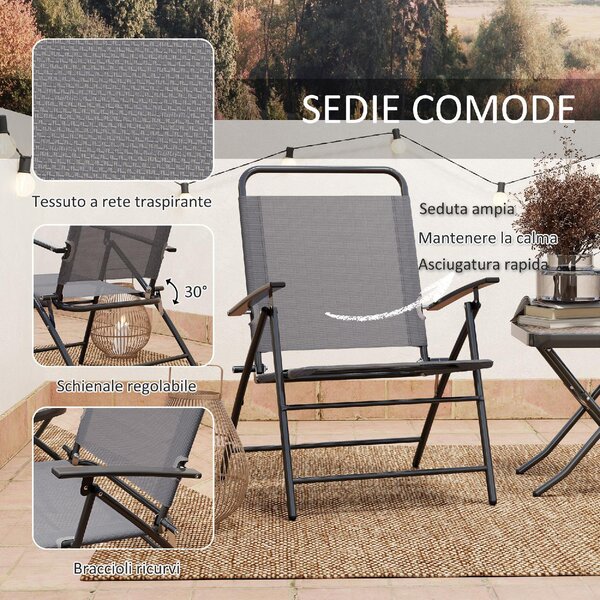 VivaGarden Salotto da Giardino con 2 Sedie Pieghevoli con Schienale Regolabile e Tavolino in Acciaio/Vetro/Rete traspirante colore Grigio
