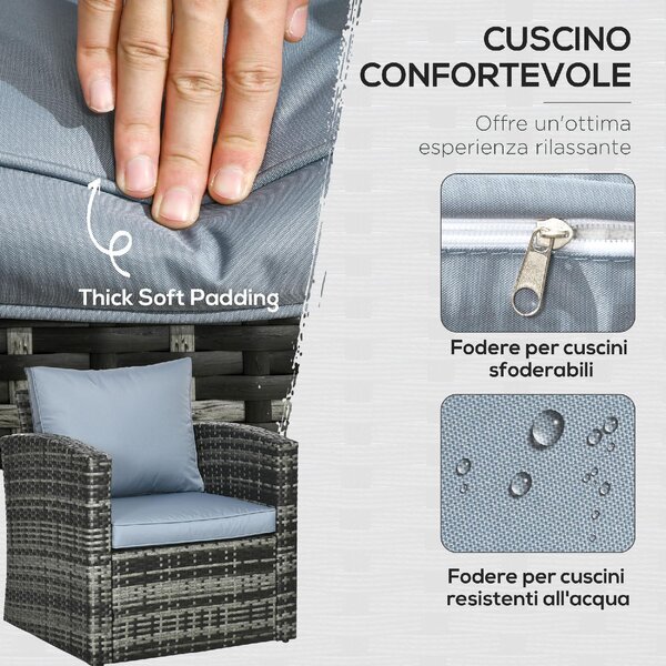 VivaGarden Salotto da Giardino con 2 Tavolini Contenitore 2 Divani e 2 Poltrone in Rattan e Acciaio colore Grigio