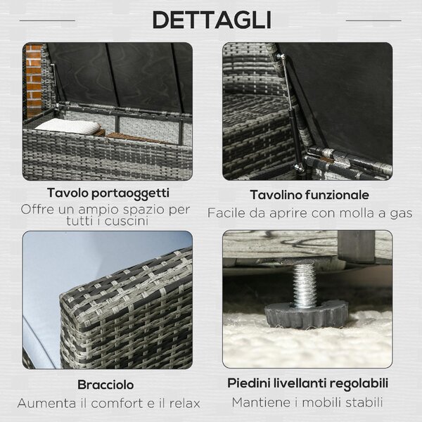 VivaGarden Salotto da Giardino con 2 Tavolini Contenitore 2 Divani e 2 Poltrone in Rattan e Acciaio colore Grigio