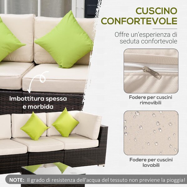 VivaGarden Salotto da Giardino con 6 Poltrone Componibili 1 Poggiapiedi e Tavolino in Rattan PE e Vetro Temperato colore Marrone