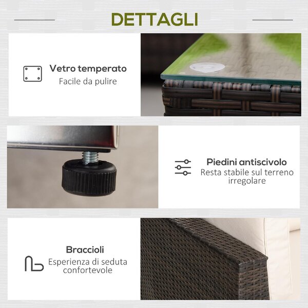 VivaGarden Salotto da Giardino con 6 Poltrone Componibili 1 Poggiapiedi e Tavolino in Rattan PE e Vetro Temperato colore Marrone