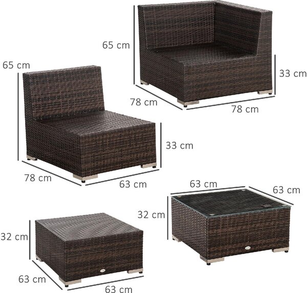 VivaGarden Salotto da Giardino con 6 Poltrone Componibili 1 Poggiapiedi e Tavolino in Rattan PE e Vetro Temperato colore Marrone