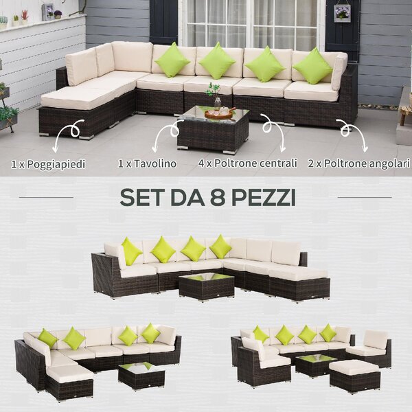 VivaGarden Salotto da Giardino con 6 Poltrone Componibili 1 Poggiapiedi e Tavolino in Rattan PE e Vetro Temperato colore Marrone