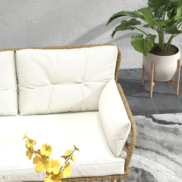 VivaGarden Salotto da Giardino con Chaise Longue Divanetto Cuscini e Tavolino in Rattan e Acciaio colore Bianco Crema e Legno