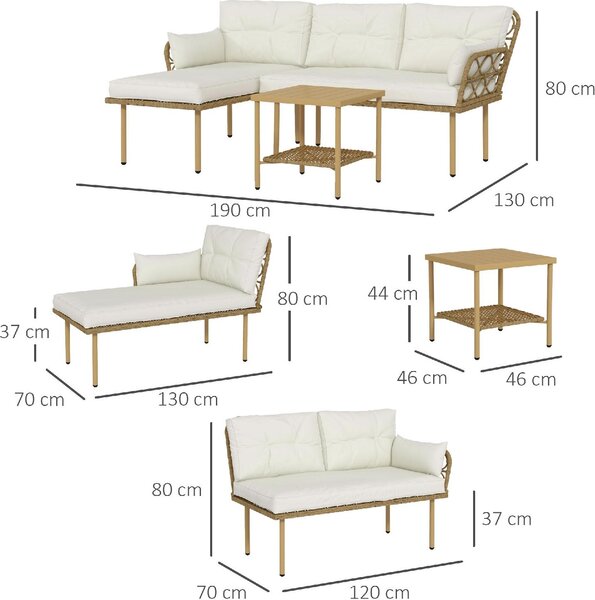 VivaGarden Salotto da Giardino con Chaise Longue Divanetto Cuscini e Tavolino in Rattan e Acciaio colore Bianco Crema e Legno
