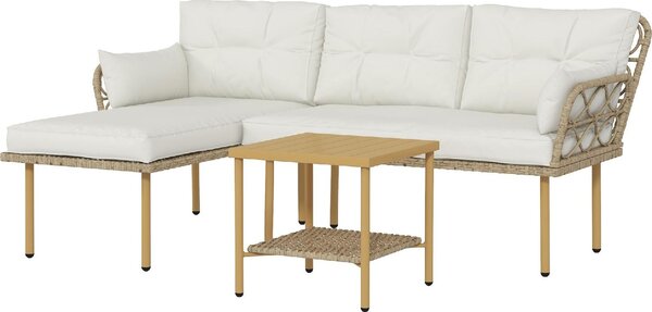 VivaGarden Salotto da Giardino con Chaise Longue Divanetto Cuscini e Tavolino in Rattan e Acciaio colore Bianco Crema e Legno